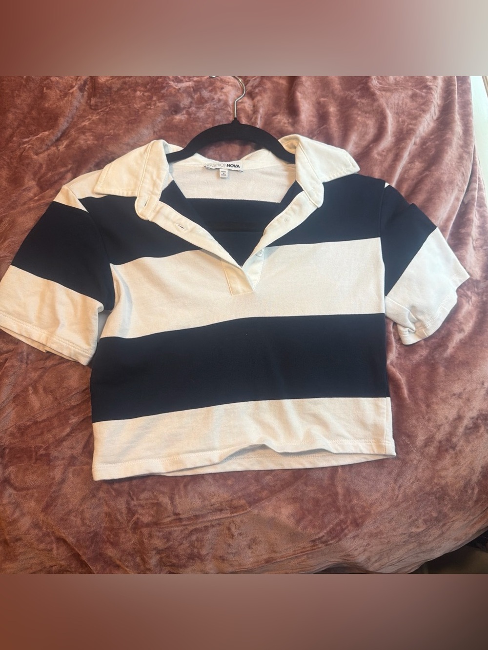 Fashion Nova Girls Navy Blue & White Striped Polo Crop